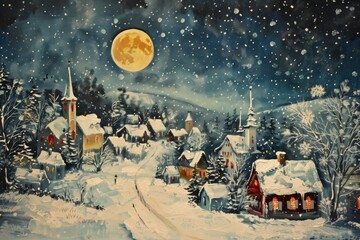 Poster - Winter village under full moon