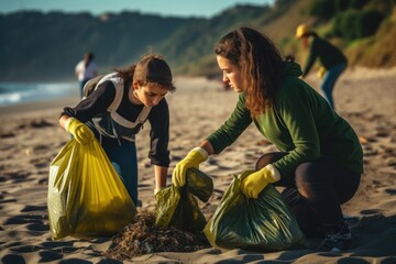 Poster - Volunteer beach cleaning outdoors.