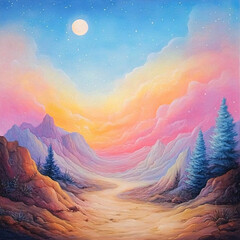 Wall Mural - a painting of a mountain range with a bright orange sky and a large moon. the sky is filled with sta
