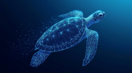 Geometric sea turtle in a low-poly design against a technology-themed blue backdrop. Marine life concept represented through a polygonal 3D vector illustration.