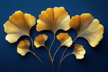 Wall Mural - A gold leafy plant with five leaves is displayed on a blue background