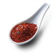 © khonkangrua - A white ceramic spoon filled with vibrant red chili powder isolated on a clean white background, ideal for spice and cooking themes.