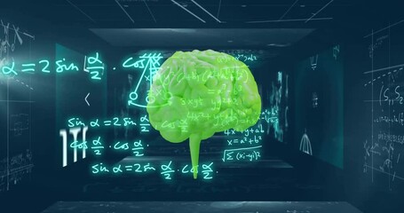 Poster - Mathematical equations and brain model animation over dark background with formulas