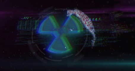 Poster - Radiation hazard symbol and digital data processing animation over dark background