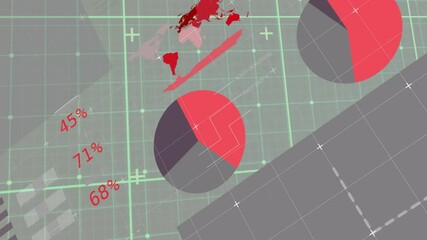 Aufkleber - World map and pie chart data visualization animation over grid background