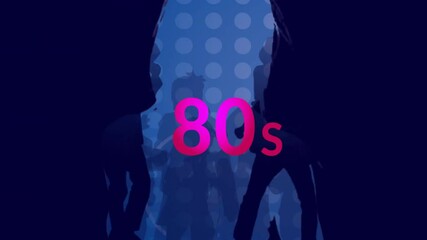 Poster - Silhouettes dancing with 80s text animation over blue polka dot background