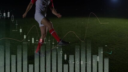 Poster - Kicking soccer ball, player over financial data analysis animation