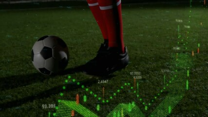 Poster - Kicking soccer ball, player with stock market data animation over grass field