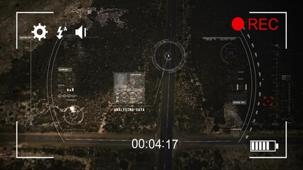 Poster - Analyzing data animation over aerial view of road and surrounding landscape