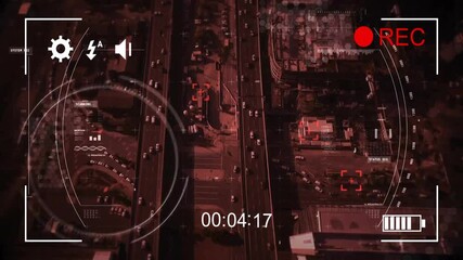 Poster - Aerial view of busy highway with data tracking animation over cityscape