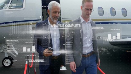 Poster - Businessmen walking near private jet with data analysis animation overlay