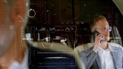 Poster - Technological data processing animation over blurred businessman in office