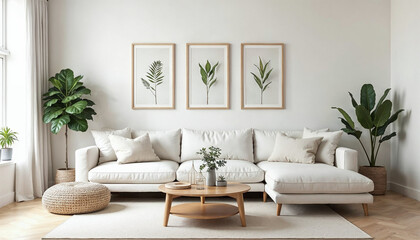 A minimalist living room with a white sofa, wooden coffee table, and three framed botanical prints on the wall