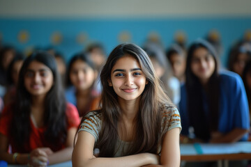 Wall Mural - college girl student sitting at classroom