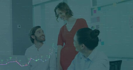 Poster - Business people discussing project over financial data animation in office