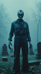 Wall Mural - Spooky Halloween zombie in a creepy grey cemetery background