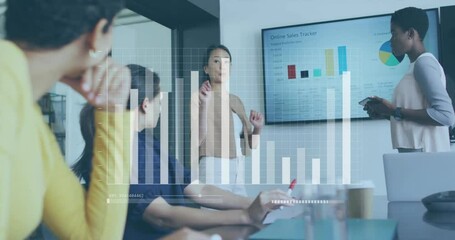 Poster - Business meeting with online sales tracker animation over diverse team discussing data