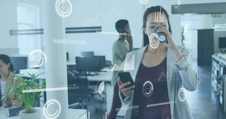 Sticker - Drinking coffee and using smartphone, woman with data processing animation over office