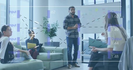 Poster - Business presentation and data flow animation over diverse team in modern office