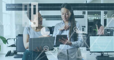 Poster - Business data analytics animation over two women discussing work in office