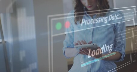Poster - Processing data and loading animation over woman using tablet