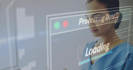 Poster - Processing data and loading animation over woman using smartphone