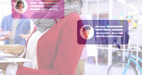 Aufkleber - chat bubble animation over diverse people interacting in office environment