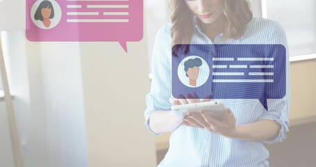 Poster - Chat bubbles animation over woman using tablet in bright room