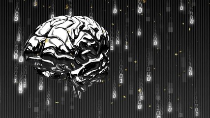 Poster - Binary code and brain model animation over dark vertical lines background