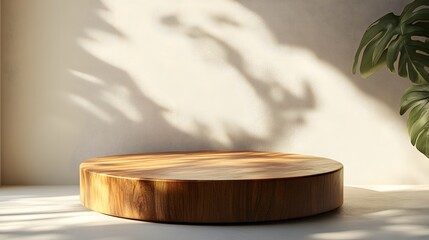 Wall Mural - A round podium with a wooden texture, highlighted by natural light, set against a minimalistic background. 