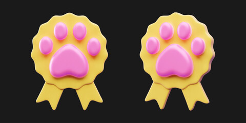 Colorful yellow awards featuring pink paw prints on ribbons designed for recognizing pet achievements in a playful style. 3d vector illustration