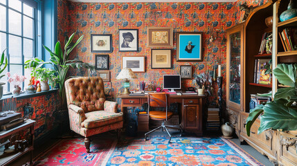 A vibrant and eclectic home office featuring a bold patterned wallpaper, a vintage desk lamp, a colorful area rug, various personal trinkets, and an antique chair. The room reflects a mix of styles an