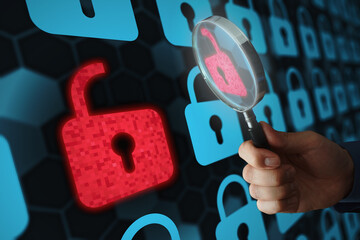 Aufkleber - Security engineer identifying information security vulnerability in internet network system. Unlocked padlock icon and many other locked padlock icons. Hand holding magnifying glass.