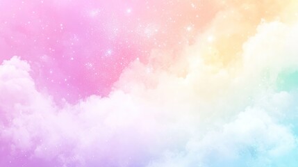 Canvas Print - watercolor pastel rainbow sky with stars and clouds, glittery background