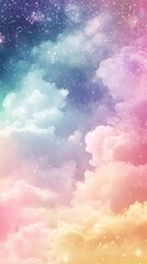 Wall Mural - watercolor pastel rainbow sky with stars and clouds, glittery background