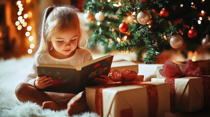 Wall Mural - Little girl reading a book next to christmas tree