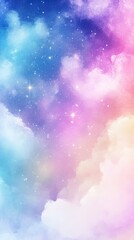 Wall Mural - watercolor pastel rainbow sky with stars and clouds, glittery background