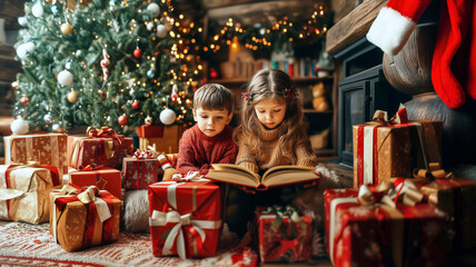 Wall Mural - Children reading a book surrounded by christmas presents