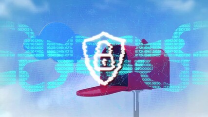 Poster - Cybersecurity shield animation over red airplane with binary code