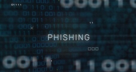 Poster - phishing text animation over binary code and digital data background
