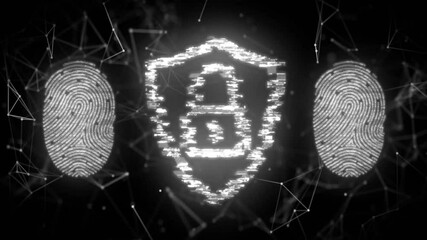 Poster - Digital security shield and fingerprint animation over network connections