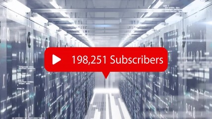 Poster - Data center with servers, 247,436 subscribers animation over racks