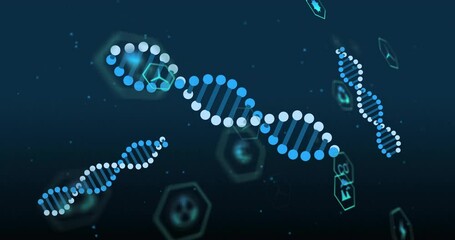 Poster - DNA strand and hexagonal shapes, scientific data processing animation