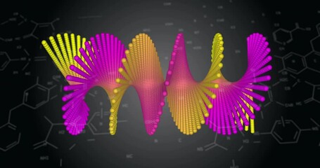 Poster - Colorful 3D waveforms animation over molecular structures on dark background