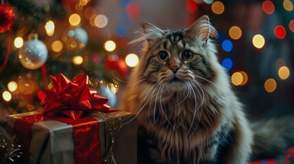 Wall Mural - A cat is sitting in front of a Christmas tree and a large box