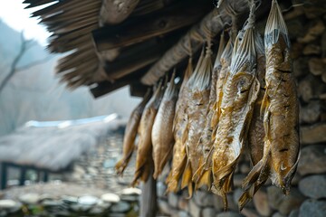 Wall Mural - Traditional Drying of Fish in a Rustic Setting