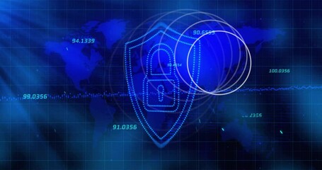 Poster - Digital security shield and data encryption animation over world map background