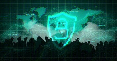 Poster - Cybersecurity shield animation over world map and crowd of people
