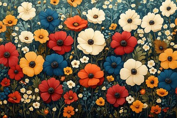 Wall Mural - A colorful field of flowers with a blue sky in the background