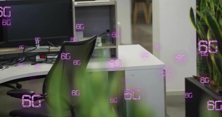 Poster - 6G text animation over empty office desk with computer and chair